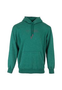 Felpa verde in cotone con tasca a canguro, cappuccio regolabile con cordino e dettagli rosa; logo ricamato sul petto.