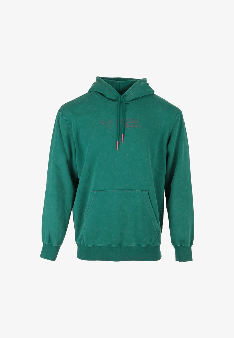 Felpa verde in cotone con tasca a canguro, cappuccio regolabile con cordino e dettagli rosa; logo ricamato sul petto.