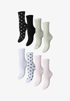 Huit paires de chaussettes mi-mollet en noir, blanc, gris et rose, avec des motifs unis, cœurs et pois.