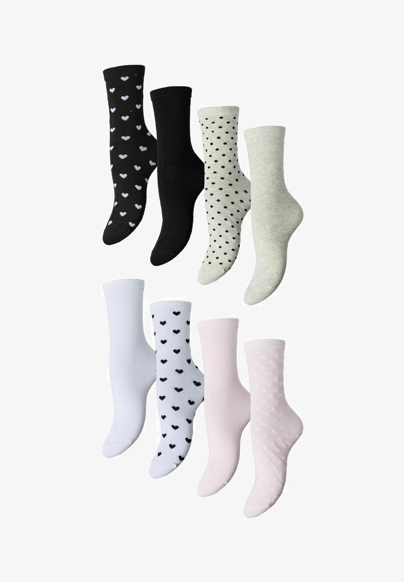 Huit paires de chaussettes mi-mollet en noir, blanc, gris et rose, avec des motifs unis, cœurs et pois.