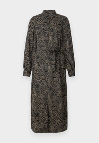 Black dress with long sleeves and a collar, featuring a gold paisley pattern, cinched waist, and knee-length design. Soft, flowing fabric.