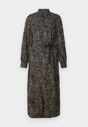 Must mustaga pikad varrukad ja krae, millel on kuldne paisley muster, vöökoht kitserdatud ja põlvikute pikkune disain. Pehme, voolav kangas.