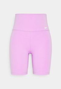 Fialové sportovní šortky s vysokým pasem vyrobené z elastického materiálu, s hladkým povrchem a malým bílým логом Nike na pase.