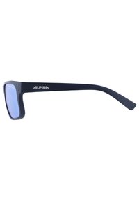 Blaue Plastiksonnenbrille mit mattem Finish, rechteckigen Gläsern und einem robusten Rahmen; mit der Marke "ALPINA" an der Seite.