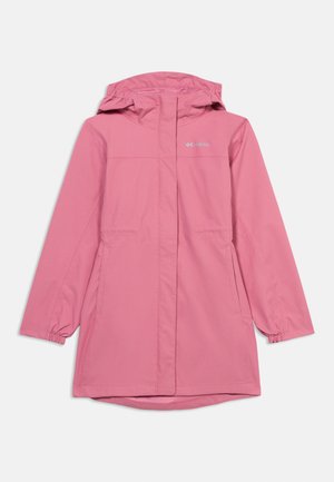 Pink waterproof jacket with a hood, featuring elastic cuffs, two side pockets, and a logo on the upper left chest. Smooth fabric texture.
