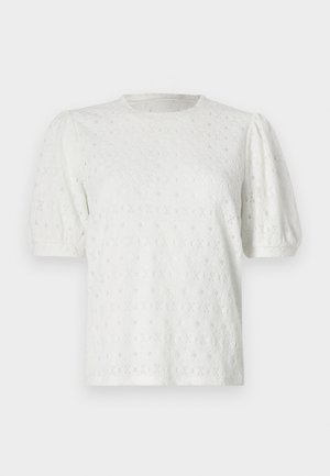 Top alb cu mâneci scurte și voluminoase, cu un model floral texturat și decolteu rotund. Fabricat dintr-un material ușor.