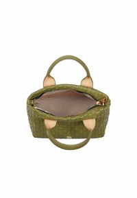 Borsa a tracolla verde intrecciata con dettagli in pelle curvi e manici doppi. Presenta una cerniera dorata e un rivestimento interno liscio.