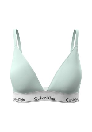 Sujetador triangular verde claro con tirantes finos y una banda elástica blanca con el texto "Calvin Klein" en la parte delantera.