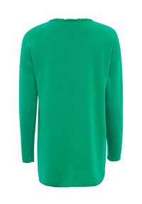 Grünes langärmliges T-Shirt aus weichem Material mit einem runden Ausschnitt und einem geschmückten Rand, in legerem Schnitt, der bis zu den Hüften reicht.