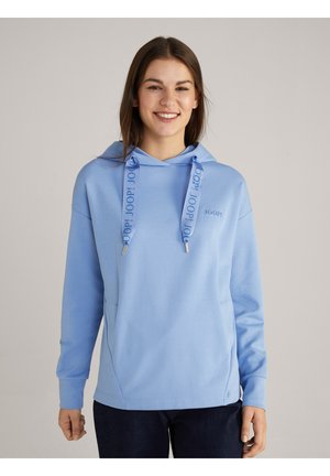 Felpa con cappuccio blu chiaro realizzata in tessuto morbido, con lacci stampati con il logo e tasca frontale, maniche lunghe e vestibilità comoda.