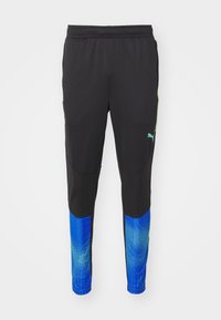 Schwarze Sporthosen mit Mesh-Struktur, grünem Logo und blauem Farbverlaufsmuster an den Unterschenkeln. Elastischer Bund für zusätzlichen Komfort.