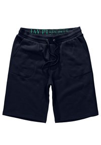 Tmavě modré sportovní šortky vyrobené z měkké tkaniny, s elastickým pasem, na kterém je zelený nápis "JAY P" a přední kapsy. Hladká textura.