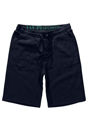 Marineblaue Trainingsshorts aus weichem Stoff, mit einem elastischen Bund, der den grünen Text "JAY P" trägt, sowie seitlichen Taschen. Glatte Textur.