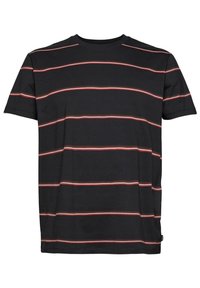 Czarny t-shirt w poziome czerwone i białe paski, z krótkimi rękawami, okrągłym dekoltem, wykonany z materiału z mieszanki bawełny, luźny krój.