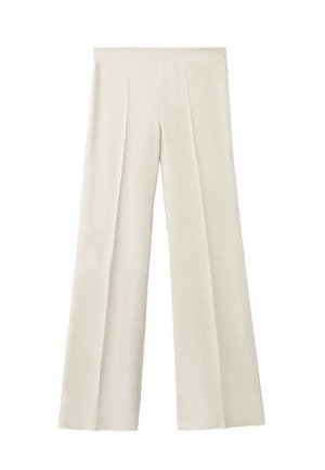 Wide-leg trousers in light beige fabric with front pleats. Smooth texture and tailored design for a relaxed fit. No visible fasteners or accents.