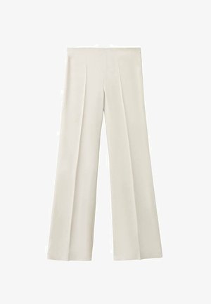 Wide-leg trousers in light beige fabric with front pleats. Smooth texture and tailored design for a relaxed fit. No visible fasteners or accents.