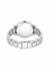 Silver stainless steel watch with a polished mesh band and a round case. Features a smooth, reflective back with engraved details.