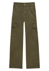 Pantalon cargo vert olive en tissu doux, doté d'une coupe droite, de poches latérales et d'une fermeture à bouton à la taille.