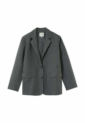 Blazer grigio a righe sottili realizzato in tessuto testurizzato, con revers a punta, due tasche frontali e chiusura a tre bottoni.