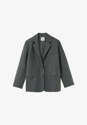 Blazer grigio a righe sottili realizzato in tessuto testurizzato, con revers a punta, due tasche frontali e chiusura a tre bottoni.