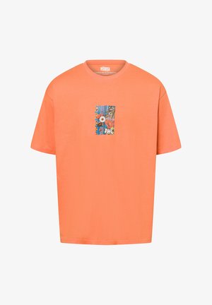 Short-sleeve orange cotton t-shirt featuring a rectangular graphic patch with floral and abstract designs in vibrant colors.