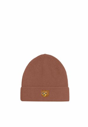 Bonnet en maille marron avec un bord replié présentant un petit visage d'ours brodé portant des lunettes sur le devant au centre.