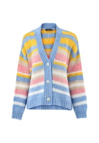 Blau gestrickte Strickjacke mit mehrfarbigen Streifen in Gelb, Pink und Weiß. Verfügt über einen V-Ausschnitt und vier Knöpfe an der Vorderseite.