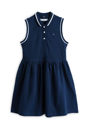 Navy blue sleeveless dress with white trim, polo collar, buttoned placket, gathered waist, and small Tommy Hilfiger logo on chest.