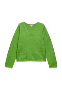 Zielony sweter z dzianiny z dekoltem w serek, długimi rękawami, dwiema przednimi kieszeniami oraz kontrastowymi wykończeniami na brzegach i krawędziach kieszeni.
