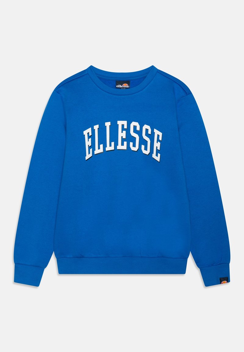 Sudadera crewneck azul brillante con mangas largas y "ELLESSE" impreso en grandes letras blancas en el pecho.