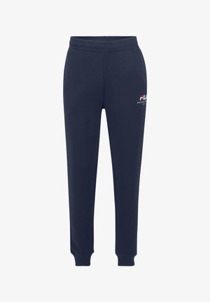 Donkerblauwe sweatpants gemaakt van een zachte katoenmix. Voorzien van een elastische tailleband, verdoezeld van de enkels en een klein rood-wit logo op de linkerdij.