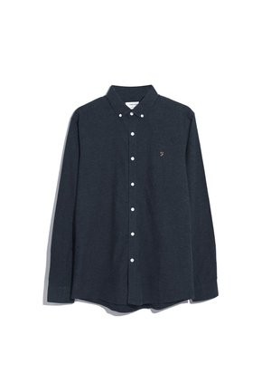 Camicia button-up blu scuro con colletto, caratterizzata da bottoni bianchi, maniche lunghe e un piccolo logo ricamato sul petto.