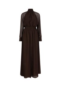 Een lange bruine jurk met een hoge hals, doorschijnende lange mouwen en een getailleerde taille. Gemaakt van een lichtgewicht stof met een gladde textuur.