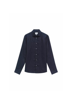 Chemise longue en lin de couleur marine, avec une fermeture à boutons sur le devant, un col évasé et un ourlet droit ; texture lisse et design minimaliste.