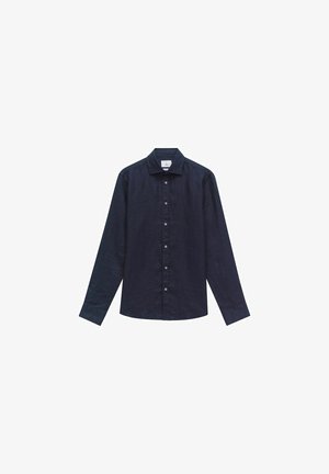 Marineblauwe lange mouwen shirt van linnen, met een knoopsluiting aan de voorkant, een gespreide kraag en een rechte zoom; gladde textuur en minimalistisch ontwerp.