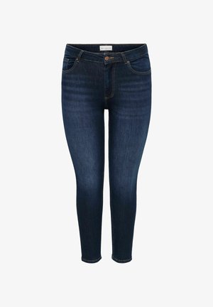 Tmavě modré úzké džíny s předními kapsami, zapínáním na knoflík a jemným vyblednutím na stehnech a kolenou.