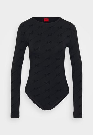 Black long-sleeve bodysuit featuring a patterned design of the brand name "Hugo," with a round neckline and a fitted silhouette.