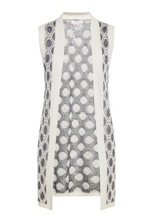 Adīts bez piedurknēm, krēmkrāsas un tumši zila, ar atvērtu priekšpusi, rotāts ar apaļiem rakstiem uz auduma. Strukturēts adījums ar kontrastējošām mal�ām.