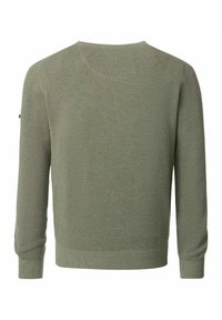 Grüner Strickpullover mit strukturierter Musterung, rundem Halsausschnitt und langen Ärmeln. Verfügt über gerippte Bündchen und Saum, hergestellt aus einem weichen Stoff.