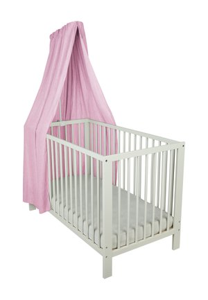 White baby crib with vertical slats and a light gray mattress, draped with a pink fabric canopy hanging from a curved frame.
