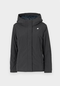 Černá voděodolná bunda s kapucí, se zipovým zapínáním a dvěma bočními kapsami. Vyznačuje se texturovanou tkaninou a malým logem na hrudi.