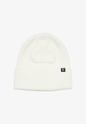 Valkoinen neulottu pipo, jossa käännetty reuna, valmistettu pehmeästä materiaalista. Sivulla pieni musta etiketti, jossa valkoinen "B"-logo.