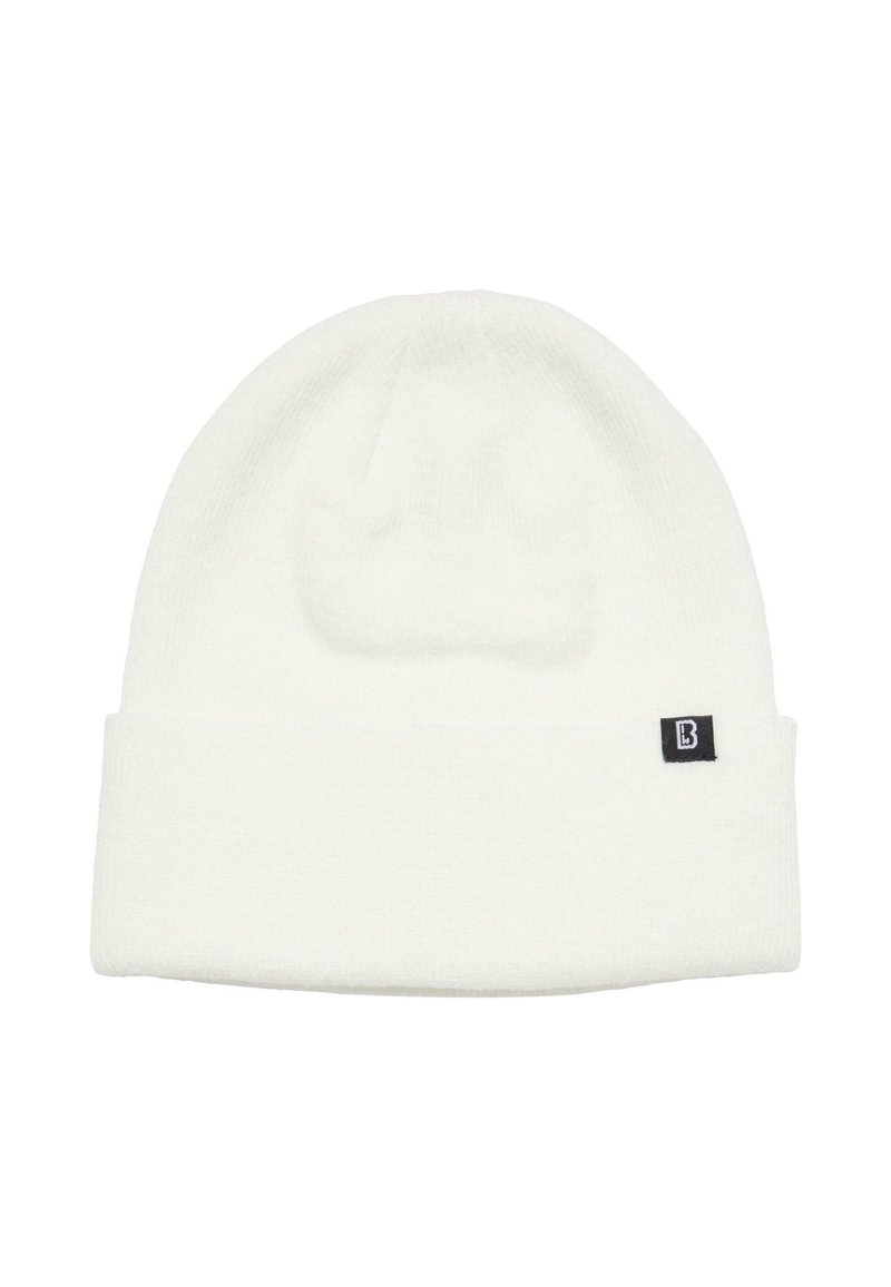 Balta mezgta kepurė su sulankstytu kraštu, pagaminta iš minkštos medžiagos. Šone yra maža juoda etiketė su baltu „B“ logotipu.