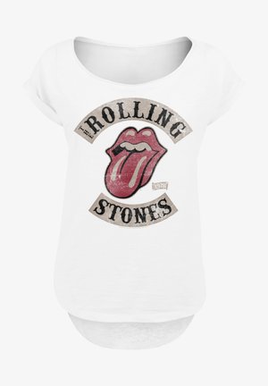 Weißes kurzärmliges T-Shirt mit einem verblassten, großen roten Zungenlogo, darüber der Text "The Rolling Stones" und darunter "1978". Weicher Stoff.
