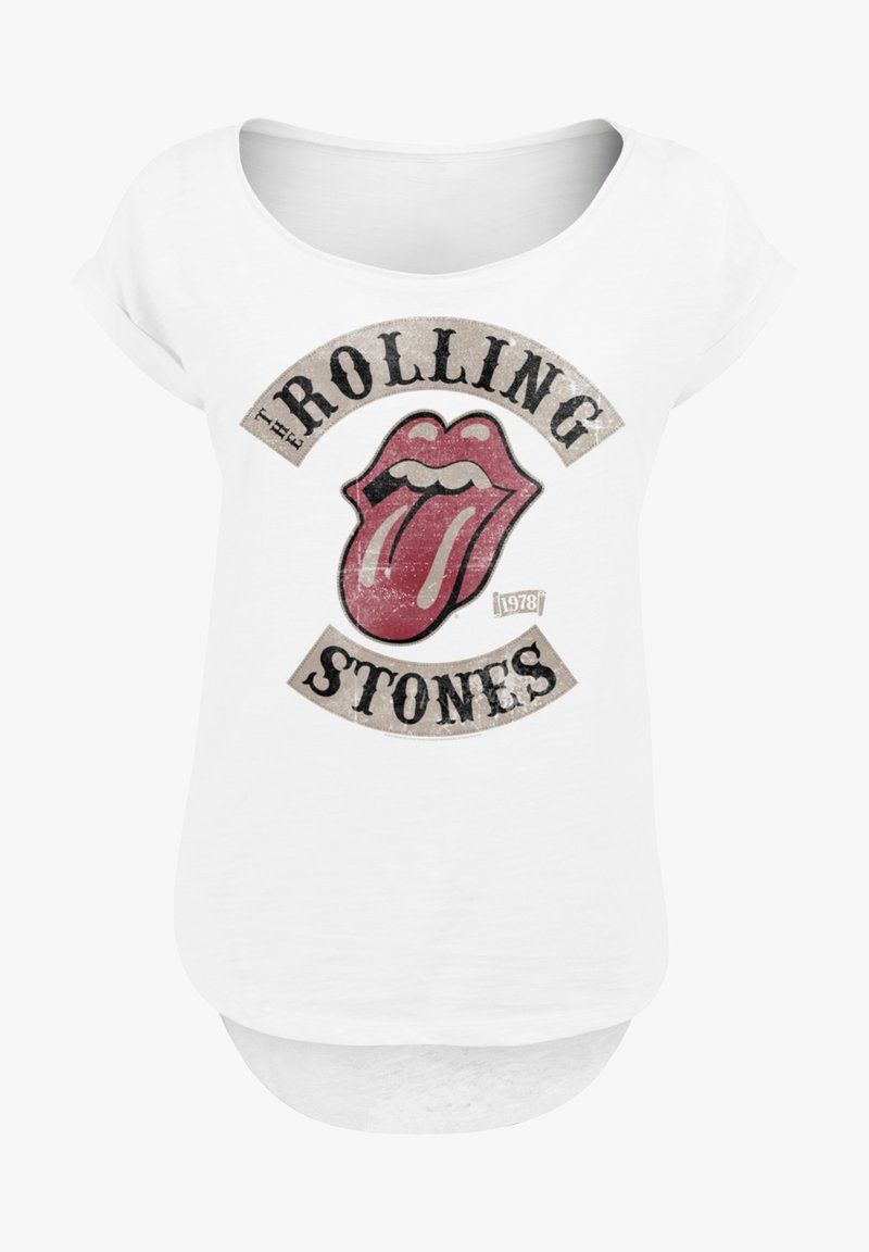 Weißes kurzärmliges T-Shirt mit einem verblassten, großen roten Zungenlogo, darüber der Text "The Rolling Stones" und darunter "1978". Weicher Stoff.