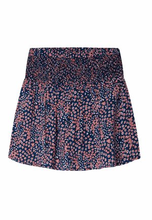 Granatowa spódnica z małym różowym i białym kwiatowym wzorem, z marszczonym pasem i rozkloszowanym dołem.