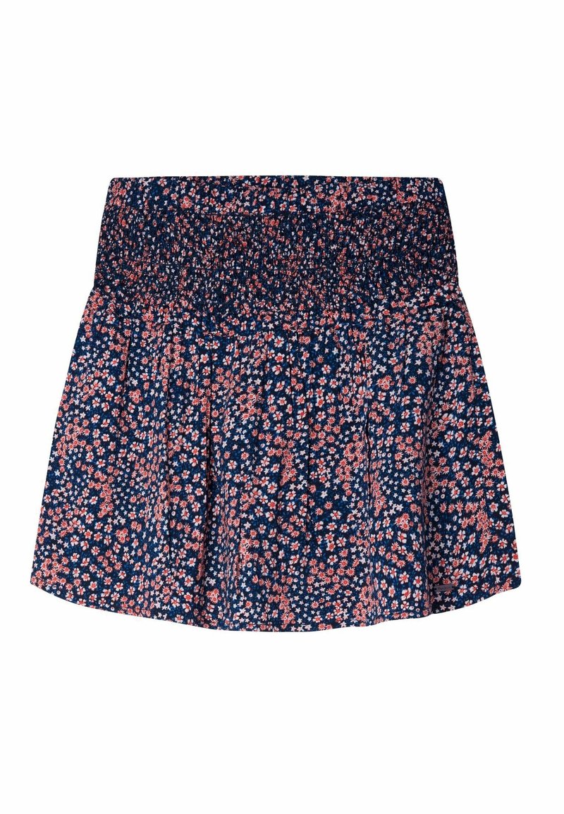 Marineblauwe rok met een klein roze en witte bloemenpatroon, gerimpelde tailleband en uitlopende onderkant.