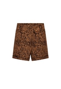 Bruine bloemenpatroon korte broek met een textuur, voorzien van een riemlus en een opgerolde zoom. Gemaakt van een zachte stof.