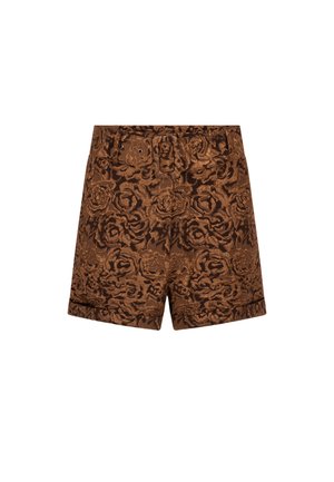 Bruine bloemenpatroon korte broek met een textuur, voorzien van een riemlus en een opgerolde zoom. Gemaakt van een zachte stof.