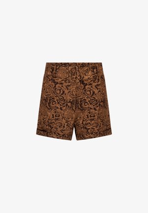 Bruine bloemenpatroon korte broek met een textuur, voorzien van een riemlus en een opgerolde zoom. Gemaakt van een zachte stof.